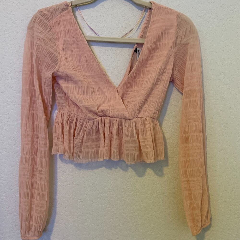 Bershka Womens Deep V-neck Sheer Cropped Long Sleeve Peplum Blouse Size S